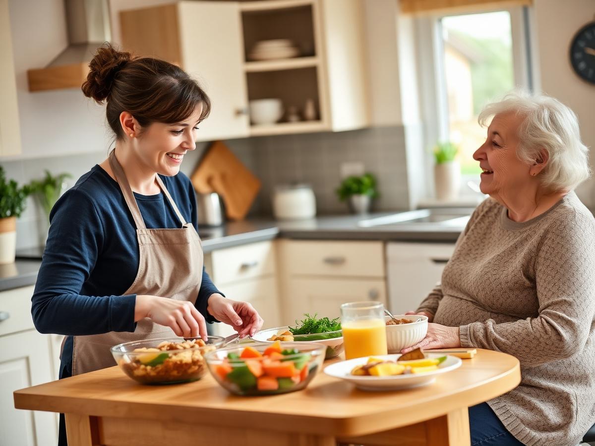 A Bitcare carer preparing a home-cooked meal while chatting with a client