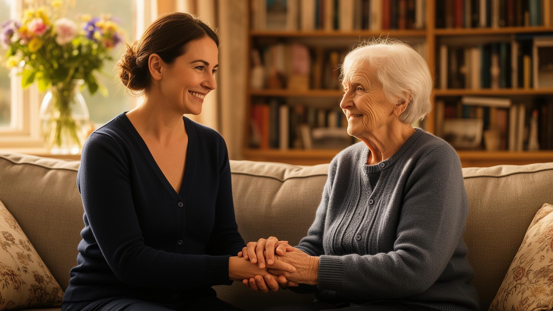 A Bitcare home carer holding the hands of an elderly woman in her living room